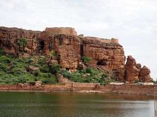 overview of the caves in the cliff, Badami • India • Karnataka