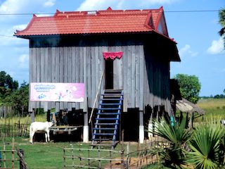 typisch huis van de regio, op palen, Nationale weg 6 • Cambodja